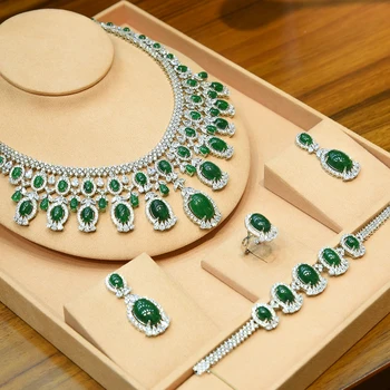 GODKI 4ST Lyx Grön lila Blandade Stora Uttalande Smycken set För Kvinnor Bröllop Cubic Zircon CZ Afrikanska Dubai Bridal Smycken