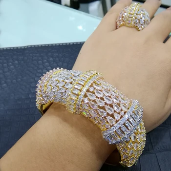 GODKI Lyx Saudiarabien Ring Bangle Set För Kvinnor Full Micro Cubic Zircon Bana Fest Bröllop Saudi arabiska Dubai Smycken Ställer