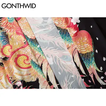 GONTHWID Phoenix Skriva Japansk Kimono Cardigan Tröjor Jackor Mens Fashion Harajuku Hip Hop Avslappnad Lös Toppar Streetwear Kappor