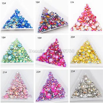 Grossist-23 Färger Blanda Storlekar Mix Shape Glitter 3D-Diamond Aspekt med Platt Baksida Strass Akryl Nail Art Crystal Pärlor Dekaler