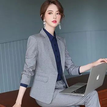 Grå Rutig Kostym 2020 Vårens Nya Färg Kvinnliga Mode Temperament koreanska High-end Företag Passar Affärsresenärer Formella Slitage`1