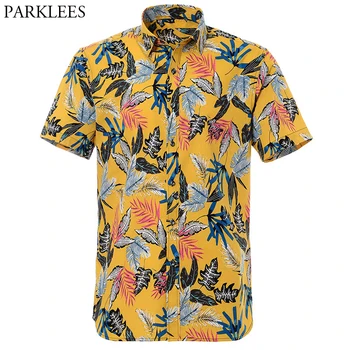Gul Mens Hawaii Skjorta 2020 Sommaren Kort Ärm Blommönster Stranden Aloha Skjortor Mens Semester Kläder Chemise Homme