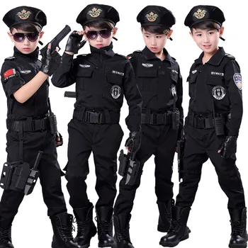 Halloween Polis Cosplay Kostymer för Barn Flickor Pojkar Speciral Kraft Bekämpa Taktiska Svart Jacka SWAT Kläder med Bälte