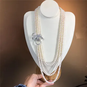 Hand knutna 3strands 7-8mm vita sötvatten pärla halsband bowknot micro inlaga zirkon tillbehör hänge pärla lång 55-65 cm