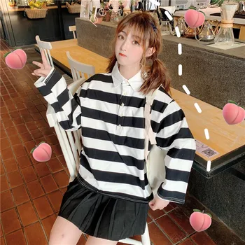 Harajuku Vintage Stripe Kvinnor T-shirt Stäng Ned Krage koreansk Stil Kläder Tjej T Shirt Japan Lång Ärm Tee Shirt Femme Toppen