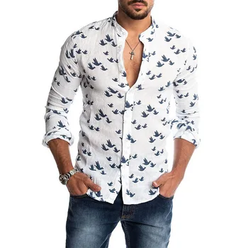 Hawaiian Skjorta Lång Ärm Wild Goose Skriv Ut-Knappen Linne Skjortor Sommaren Camisas Hombre Mens Skjortor Avslappnad Smal Passform Blusa Nya