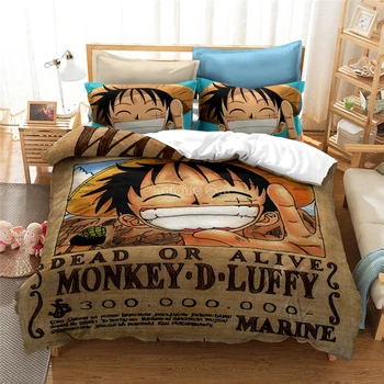 Hemtextil EN BIT Monkey D. Luffy Tryckt Sängkläder Set Anime Karaktär Påslakan Set Kung Dam Dubbel Storlek Sängkläder