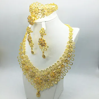 HETT Mode bröllop Dubai Afrika-Nigeria-Afrikanska Smycken som guld-färg halsband Örhängen romantisk kvinna Brudkläder Smycken Set