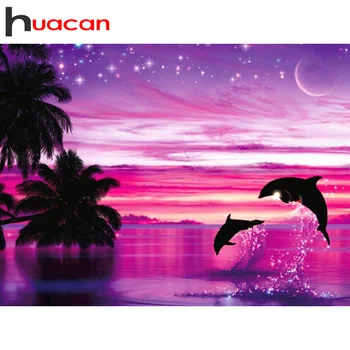 Huacan Full Square/Rund Diamant Måla Landskap i Solnedgång 5D DIY Diamanter Broderier Dolphin Art Kit Dekorationer Hem