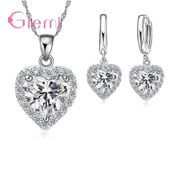 Härlig Romantisk Full Glänsande Vita Zirkoner hjärtformade Smycken Uppsättningar 925 Sterling Silver Halsband Hoop Örhängen Kvinnor Bröllop