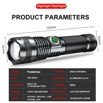 Hög Effekt XHP50 LED-Ficklampa Taktiska USB Uppladdningsbar Ficklampa med 5 Lägen Ficklampa Vattentät Inbyggda Batteriet Handen Ljus