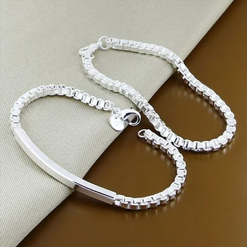 Hög Kvalitet i 925 Sterling Silver Fashion Square Box Chain Armband Smycken Set för Kvinnor Män Trendiga Smycken