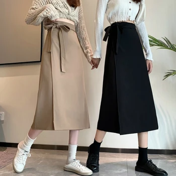 Hösten 2021 Nya Kvinnor koreansk Stil Fast Remmen Hög Midja Bantning Kjol Mid-Längd Svart A - Linje Kjol