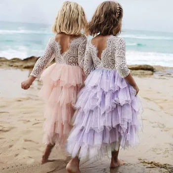 Hösten Lång Ärm Girl Dress Lace Blomma 2020 Backless Beach Klänningar Vita Barn Bröllop Prinsessa Part Pageant Tjej Kläder 8T