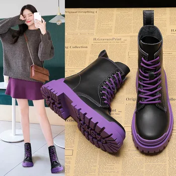 Höstens Mode Chunky Skor Kvinnan Hög Klack Plattform Split Läder Stövlar Vinter Balck Militära Botas Mujer Flickor