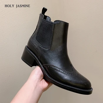 Höstens Nya Övergripande Äkta Läder Vrist för Kvinnor Chelsea-Boots Kvinnor 2020 Mode Slip-on Retro Tossor Damer Med Högklackat Skor