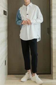 IEFB män bära färg block lapptäcke vit skjorta för manligt mode lös långärmad koreanska vågen shirt vintage streetwear 9Y2453