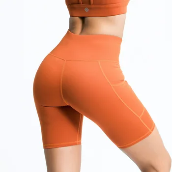 IMLARIO Orange Classic Bike Shorts med Fickor Kvinnor Vanligt Gym Fitness Yoga Workout Shorts med Hög Midja Sport Atletisk Slitage