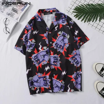 INCERUN Sommaren Män Tryckt Tröja Kort Ärm 2021 Mode Avslappnad Kavajslag Streetwear Knappen Mens Hawaii Skjorta Semester Camisas