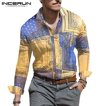 INCERUN Vintage Män Hawaii Skjorta Skriva Etnisk Stil Varumärke Lång Ärm Camisa Semester Knappen 2021 Kavajslag Chic Casual Skjortor för Män