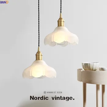 IWHD Nordiska Koppar LED Hängande Armaturer Matsal Vardagsrum Hängande Lampor Vitt Glas Vintage Hänge Lampor Hanglampen
