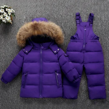IYEAL Ryssland Vintern Varm dunjacka för Barn i Tjej Kläder Stora Äkta Tvättbjörn Päls Baby Kläder Uppsättningar Barn Pojke Snö Slitage
