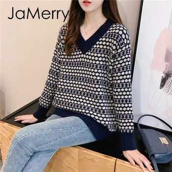 JaMerry Mode geometriska tjock tröja V-neck women ' s höst vinter Tröja Fritid Office lady fashion stickad tröja 2020