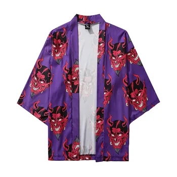 Japansk Fem Punkt Ärmar Kimono streetwear-shirts Djävulen Fullständig Utskrift sommaren rappare harajuku lös hawaiian koreanska shirts