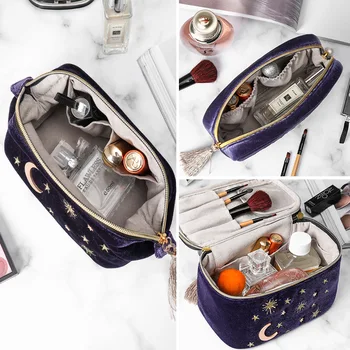 Japansk stil sammet kosmetiska väska stor kapacitet bärbara läppstift kosmetiska lagring smycken marinblå sammet tofs kosmetiska väska