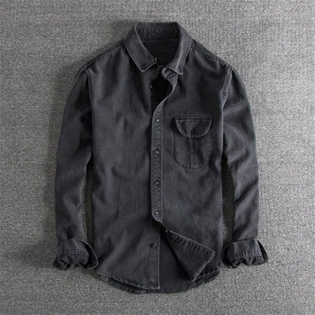 Japanska Harajuku Nödställda Skölj Denim Shirt för Män Urban Pojkar Streetwear Retro Vintage Lång Ärm Tröjor Plus Size S-XL