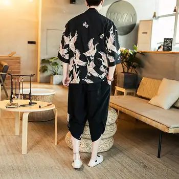 Japanska Streetwear-Shirt Shorts som Träningsoverall Män Plus Size Kimono+Beskurna Byxor Kläder För Män Sommar tvådelade XXXXXL