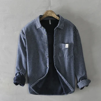 Japanska Vintage Fashion Män Shirts Höst Vinter Nyligen Designer Casual Rand Tjock Sammet Varm Tröja Man Kläder Camisas