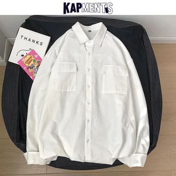 KAPMENTS Harajuku Fast långärmad Shirt För Människan 2020 Bomull Fickor Streetwear-Shirts Manliga koreanska Mode Överdimensionerade Kläder