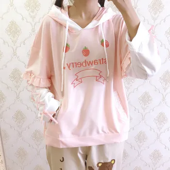 Kawaii Harajuku Strawberry Grafisk Tröja Hoodie Kvinnor Streetwear Kvinnor Lös Tunn Hoodie Söt Hoodies Bandage Ärm