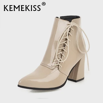 KemeKiss Solid Färg Kvinnor Boots Sexig Snörning Spetsig Tå Skor För Kvinnor Mode Ljus Vinter Tjock Klack Skor Storlek 34-43