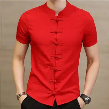 Kinesisk Krage Skjorta För Män Slim Fit Groda Knappen Shirt Camicia Uomo Koreanska Mode Kortärmad Sommar Snygg Skjorta Röd Svart