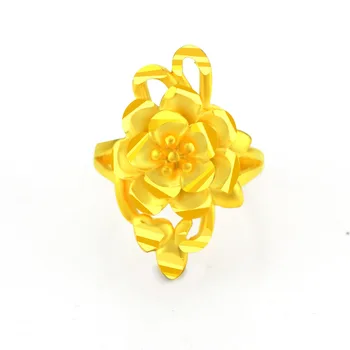 Klassiska 3D Svårt Steg Guld Ring för Kvinnors Bröllop Engagemang Smycken ExquisiteFlower Pion 14K Guld Ring Nytt År Gift Kvinna