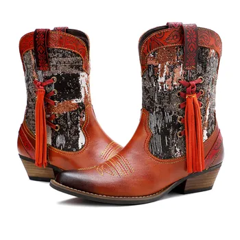 Klassiska Broderade Western Cowboy Boots För Kvinnor Äkta Läder Cowgirl Stövlar Chunky Heels Skor Kvinna Stövlar Handgjorda