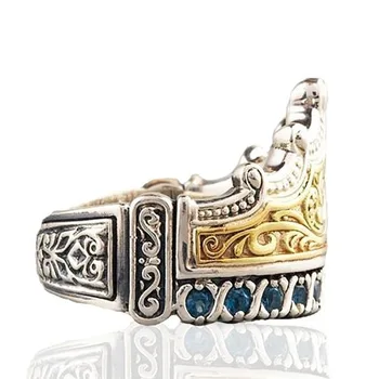 Klassiska Inläggningar Blå Sten kronring Europeiska och Amerikanska Gold Färg Smycken för Kvinnor Lyxiga Smycken Presenter Size6-10