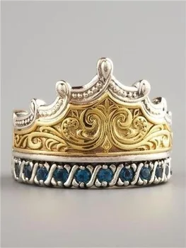 Klassiska Inläggningar Blå Sten kronring Europeiska och Amerikanska Gold Färg Smycken för Kvinnor Lyxiga Smycken Presenter Size6-10