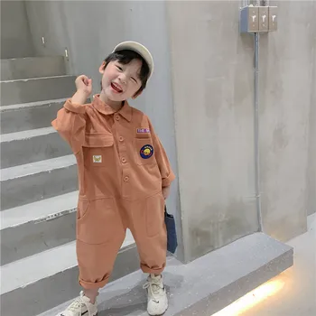 Koreansk stil Våren Hösten Pojkar Broderi Lång Ärm En-bitar Barn Barn Solid Färg Överdimensionerade Jumpsuits