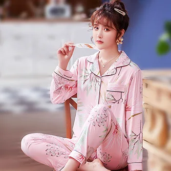 Koreanska Bomull Tryckt Siden Pyjamas Kvinnor Våren Sommaren Hösten Lång Ärm Tunna Byxor Hem Sleepwear Passar Pyjamas, För Kvinnor