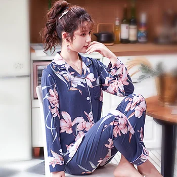 Koreanska Bomull Tryckt Siden Pyjamas Kvinnor Våren Sommaren Hösten Lång Ärm Tunna Byxor Hem Sleepwear Passar Pyjamas, För Kvinnor