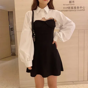 Koreanska Hösten Kvinnor Mode Sexig Outfit Kort Volanger Shirt + Axelband Mini Kort Klänning Lady Våren Chic Två Bit Uppsättningar