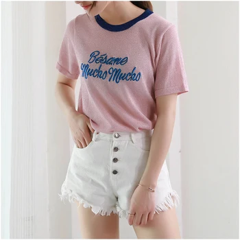 Koreanska Söt Brev Tee shirt femme Hipster Harajuku Lurex Dam Kläder Kawaii Damer kort ärm T Shirt Kvinnor Toppar B-052