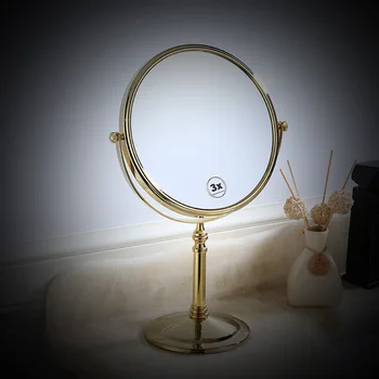 Kosmetika Tabellen Speglar Runt Skrivbordet Roterande Mässing Guld Makeup-Spegel Stå för Smink Förstoringsglas 3X Oval Dubbelsidig Spegel