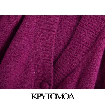 KPYTOMOA Kvinnor 2020 Mode-Knapparna Beskurna Stickad Kofta Vintage Tröjor Tre Kvartal Ärm Kvinnor Ytterkläder Chic Toppar