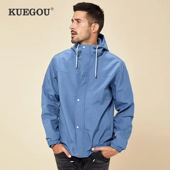 KUEGOU 2020 Hösten Hooded Blå Män Jacka och Kappa Streetwear Mode Män Ytterkläder Med Dragkedja Helt Plus Size Kläder 10005