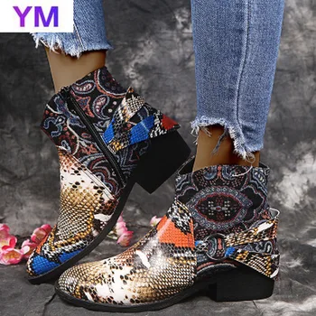 Kvinnor 2020 Mode Boots Rund Tå Låg Fyrkantig Klack Stövlar Hösten/Vintern Dragkedja skor i Ormskinn Mönster PU-Stövlar Zapatos 43