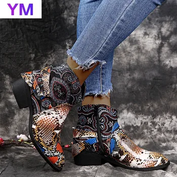 Kvinnor 2020 Mode Boots Rund Tå Låg Fyrkantig Klack Stövlar Hösten/Vintern Dragkedja skor i Ormskinn Mönster PU-Stövlar Zapatos 43